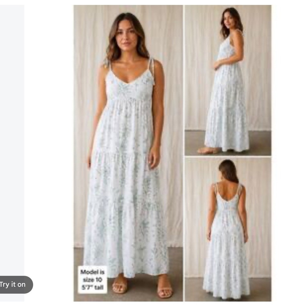 NEW Ann Taylor Womens Tiered Tie Strap Maxi Dress L Light Blue Floral Romantic